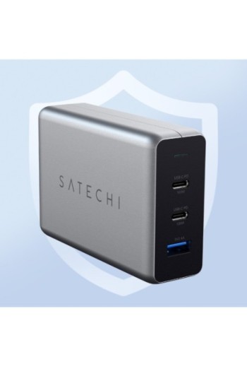 Caricabatterie GaN 100W 2 USB-C Power Delivery + USB con spina da muro Satechi grigio siderale