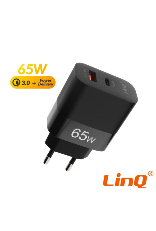 Caricabatterie da 65W porta USB Quick Charge 3.0 + porta USB-C Power Delivery LinQ - nero