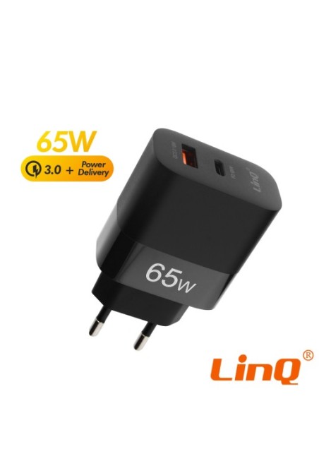 Caricabatterie da 65W porta USB Quick Charge 3.0 + porta USB-C Power Delivery LinQ - nero