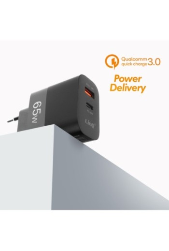 Caricabatterie da 65W porta USB Quick Charge 3.0 + porta USB-C Power Delivery LinQ - nero