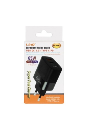Caricabatterie da 65W porta USB Quick Charge 3.0 + porta USB-C Power Delivery LinQ - nero