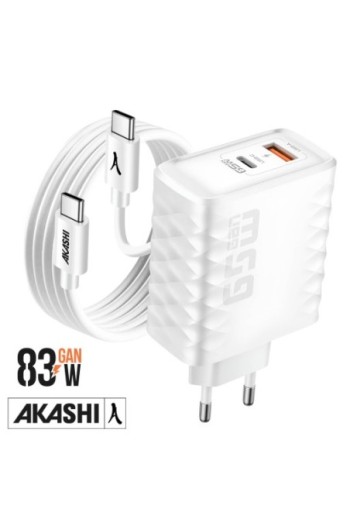 Caricabatterie USB-C/USB da 83W con cavo da USB a USB-C 100W Akashi - Bianco