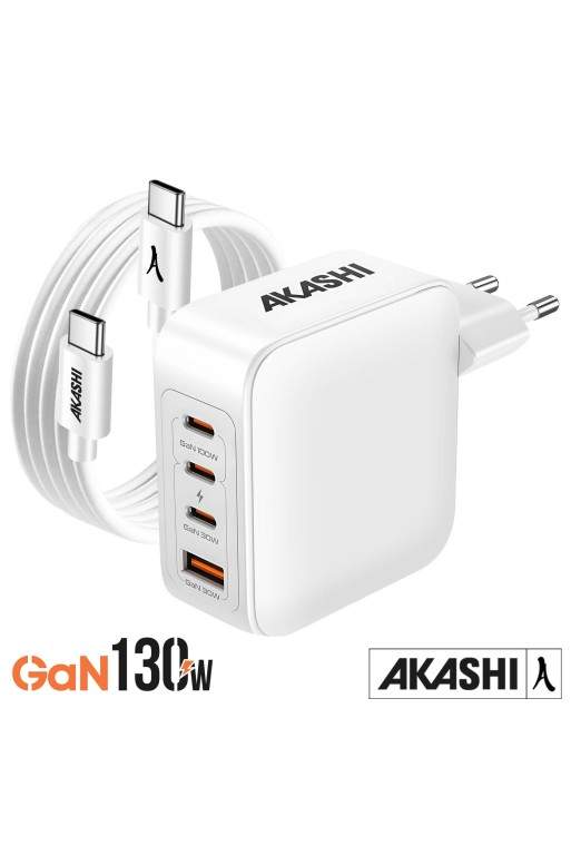 Caricabatterie 130W 2x porte USB-C + 1x porta USB con cavo da USB a USB-C 100W Akashi - bianco