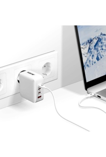 Caricabatterie 130W 2x porte USB-C + 1x porta USB con cavo da USB a USB-C 100W Akashi - bianco