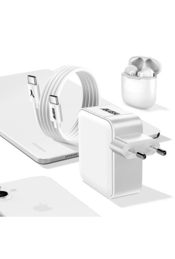 Caricabatterie 130W 2x porte USB-C + 1x porta USB con cavo da USB a USB-C 100W Akashi - bianco