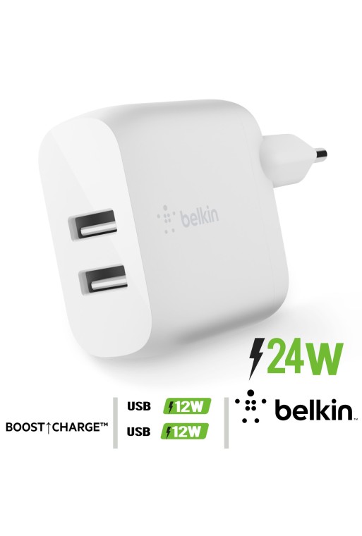 Caricatore da Parete Doppio USB 24W Ricarica Rapida Belkin Boost Charge - Bianco