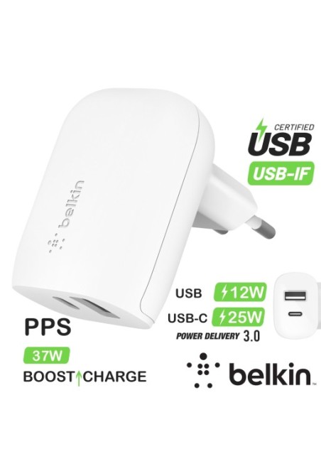 Caricatore da Parete a Doppia Porta 37W USB-C 3.0 PPS (25W) + USB (12W) Ricarica Rapida Belkin - Bianco