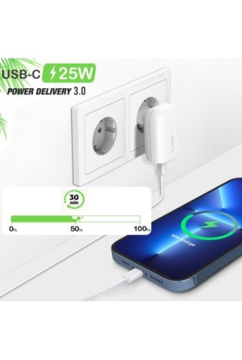 Caricatore da Parete a Doppia Porta 37W USB-C 3.0 PPS (25W) + USB (12W) Ricarica Rapida Belkin - Bianco