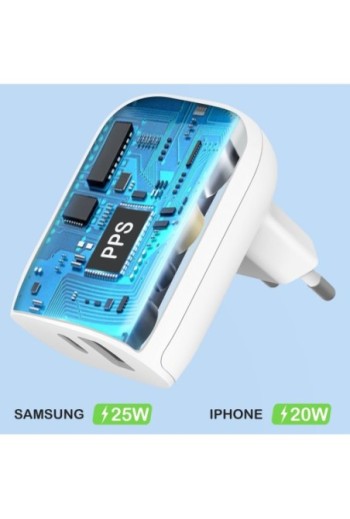 Caricatore da Parete a Doppia Porta 37W USB-C 3.0 PPS (25W) + USB (12W) Ricarica Rapida Belkin - Bianco