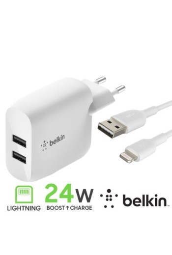 Caricabatterie Doppio USB 24W con Cavo da USB a Lightning Belkin Boost Charge - Bianco