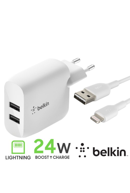 Caricabatterie Doppio USB 24W con Cavo da USB a Lightning Belkin Boost Charge - Bianco