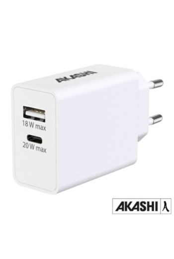Caricabatterie da Muro USB-A QC3.0 e USB-C Power Delivery Carica Rapida 38W Akashi - Bianco