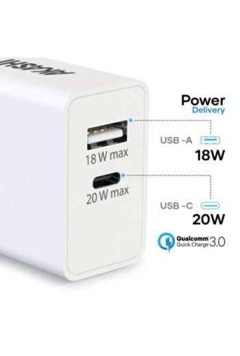 Caricabatterie da Muro USB-A QC3.0 e USB-C Power Delivery Carica Rapida 38W Akashi - Bianco