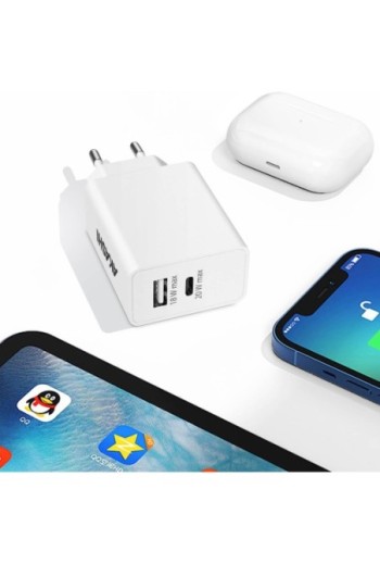 Caricabatterie da Muro USB-A QC3.0 e USB-C Power Delivery Carica Rapida 38W Akashi - Bianco