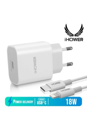 Caricabatterie da parete USB-C Cavo Lightning da 18 W da 1 m per iPhone e iPad iHower - bianco