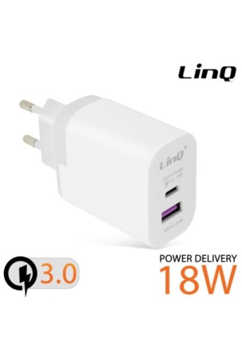 Caricabatterie 1 USB + 1 USB-C ricarica veloce Quick Charge 3.0 + Power Delivery LinQ - bianco