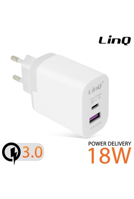 Caricabatterie 1 USB + 1 USB-C ricarica veloce Quick Charge 3.0 + Power Delivery LinQ - bianco