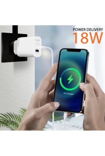 Caricabatterie 1 USB + 1 USB-C ricarica veloce Quick Charge 3.0 + Power Delivery LinQ - bianco