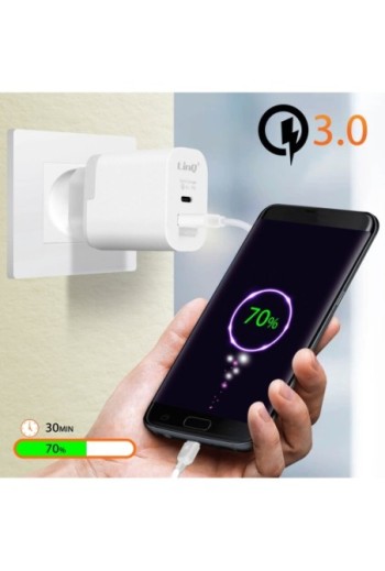 Caricabatterie 1 USB + 1 USB-C ricarica veloce Quick Charge 3.0 + Power Delivery LinQ - bianco