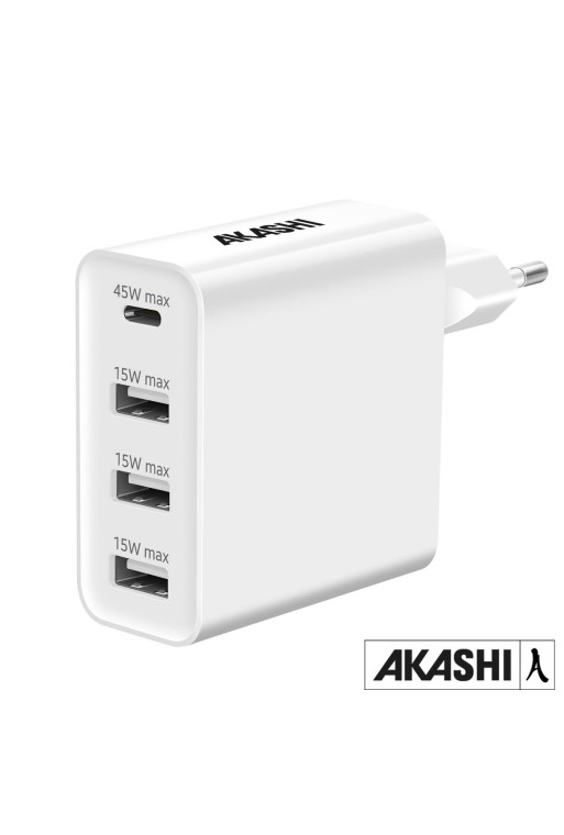 Caricatore da muro 60W Akashi – USB-C Power Delivery + 3 porte USB - bianco
