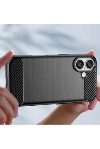 Cover per iPhone 16 antiurto - design carbonio spazzolato nera