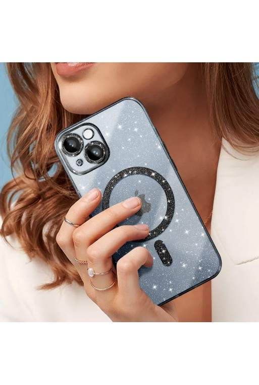 Cover MagSafe per iPhone 14 silicone glitterato - nero traslucido