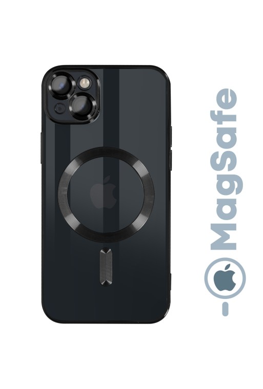 Cover MagSafe per iPhone 14 Plus silicone trasparente bordo cromato nero