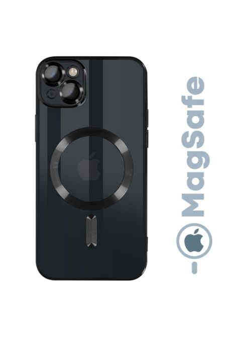 Cover MagSafe per iPhone 14 Plus silicone trasparente bordo cromato nero