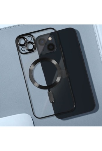 Cover MagSafe per iPhone 14 Plus silicone trasparente bordo cromato nero