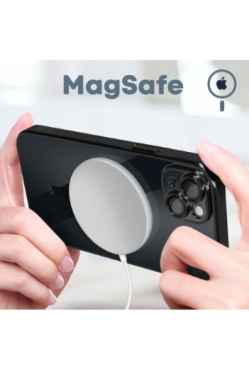 Cover MagSafe per iPhone 14 Plus silicone trasparente bordo cromato nero