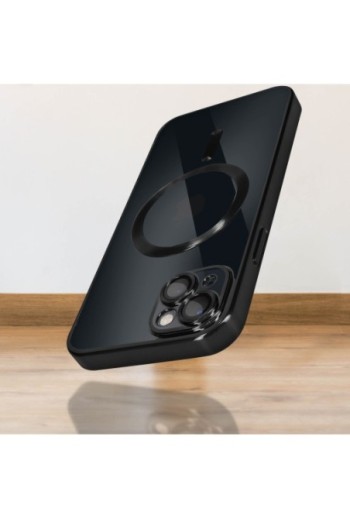 Cover MagSafe per iPhone 14 Plus silicone trasparente bordo cromato nero