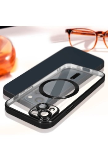 Cover MagSafe per iPhone 14 Plus silicone trasparente bordo cromato nero
