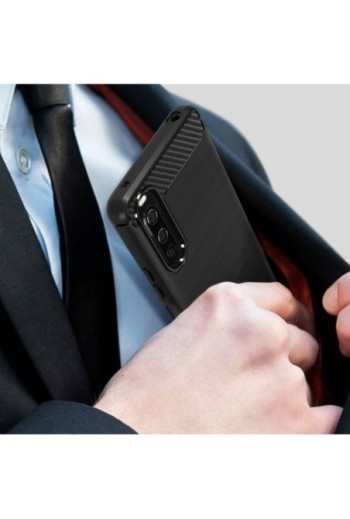 Cover in Silicone per Sony Xperia 10 IV Effetto Carbonio ed Alluminio Spazzolato - Nera