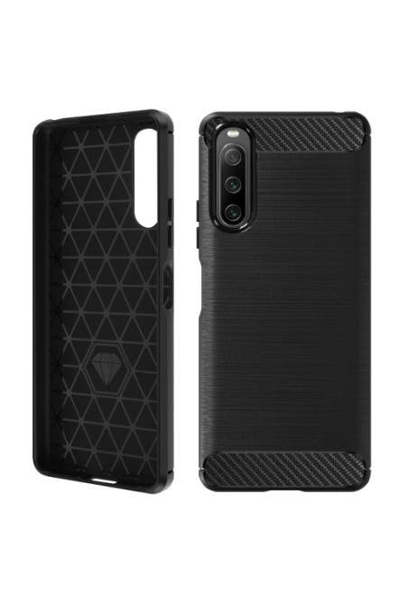 Cover in Silicone per Sony Xperia 10 IV Effetto Carbonio ed Alluminio Spazzolato - Nera