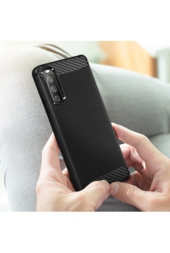 Cover in Silicone per Sony Xperia 10 IV Effetto Carbonio ed Alluminio Spazzolato - Nera