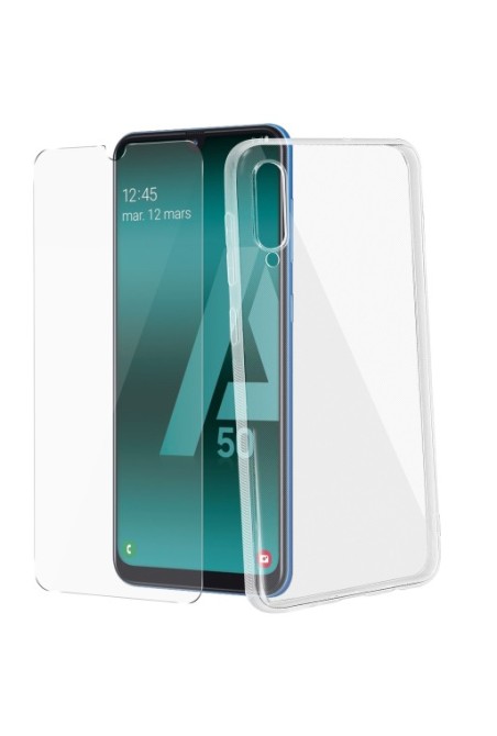 Protezione integrale 360°: Cover morbida trasp + pell vetro temp per Samsung Galaxy A50