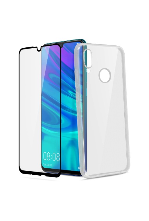 Protezione integrale 360°: Cover morbida trasp + Pellic vetro temp contorno nero per Huawei P Smart 2019 / Honor 1