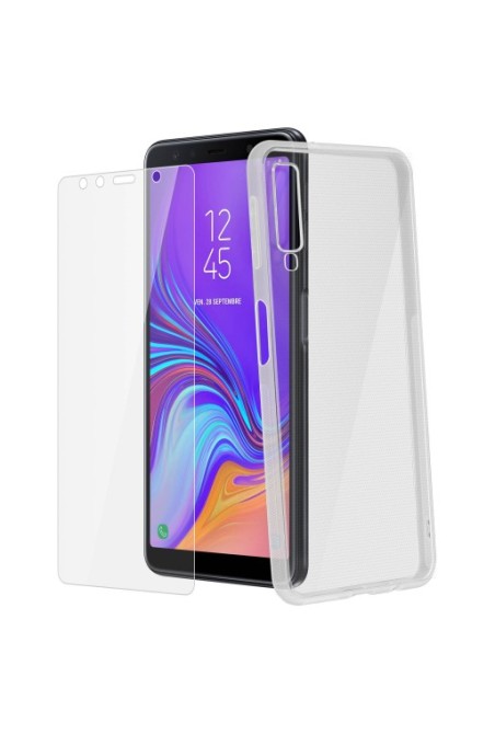 Protezione integrale 360°: Cover morbida trasp + pell vetro temp per Samsung Galaxy A7 2018